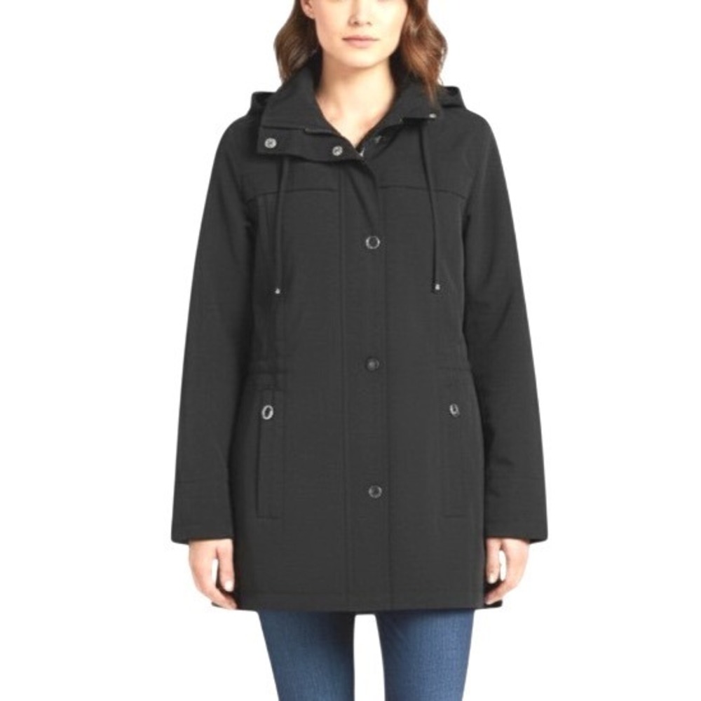 FLEET STREET LTD Black SOFTSHELL Button-In Liner FULL-ZIP Hooded WOMEN'S Coat M